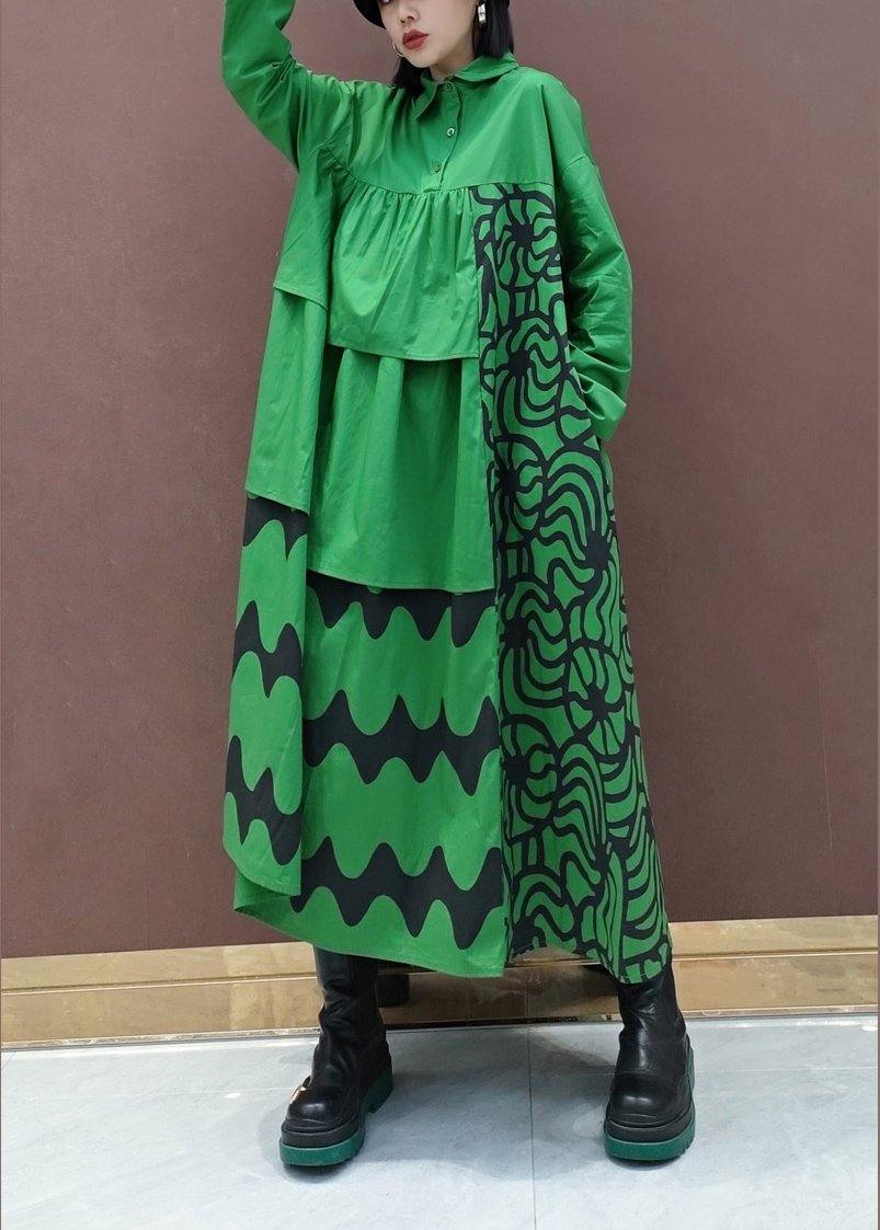 Vivid Lapel Asymmetric Spring Quilting Dresses Tunic Green Print Plus Size Dress